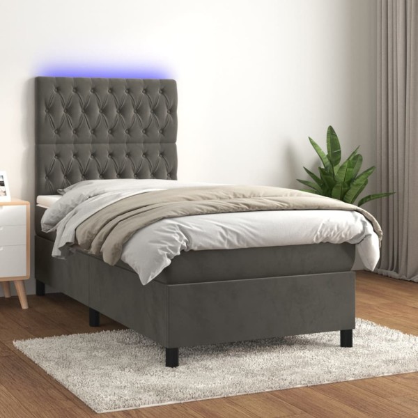 Bed with springs/mattress/LED, gray, 90x200cm, velvet