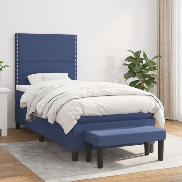 Bed with springs and mattress, blue, 100x200cm, fabric