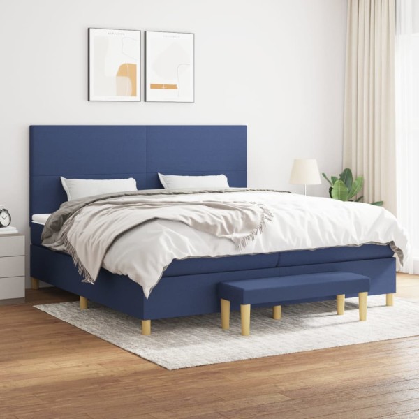 Bed with springs and mattress, blue, 200x200 cm, fabric