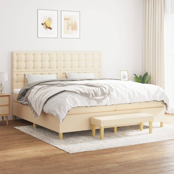 Bed with springs and mattress, cream, 200x200 cm, fabric