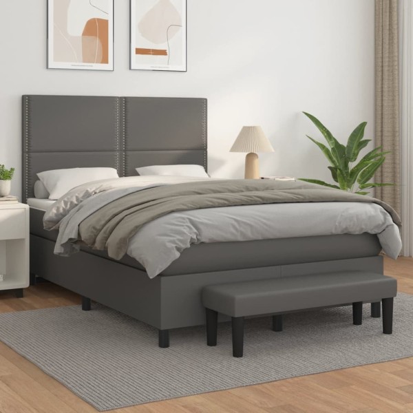 Bed with springs and mattress, gray, 140x190cm, artificial leather