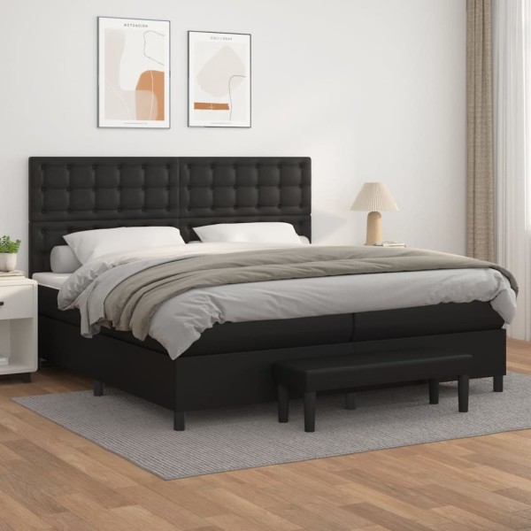 Bed with springs and mattress, black, 200x200cm artificial leather