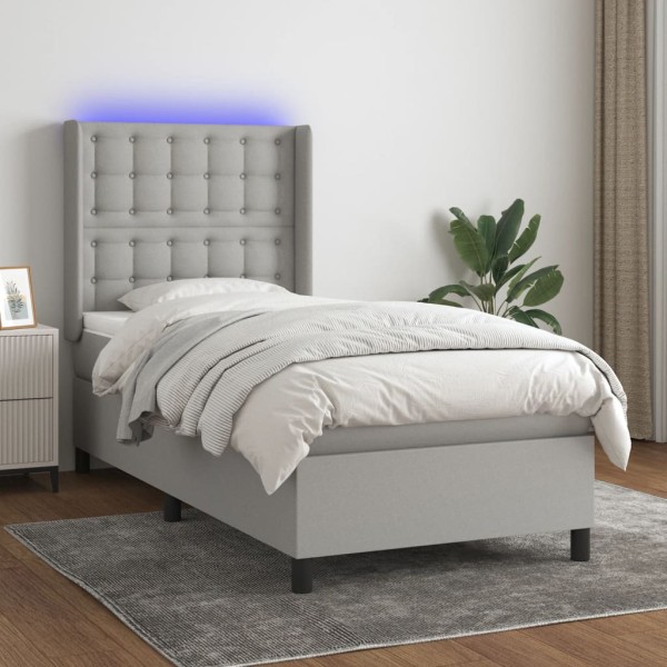 Bed with springs/mattress/LED, gray, 90x200 cm, fabric