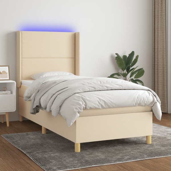 Bed with springs/mattress/LED, cream, 100x200 cm, fabric