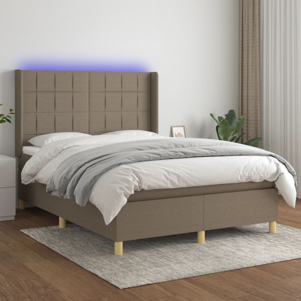 Bed with springs/mattress/LED, taupe, 140x190 cm, fabric