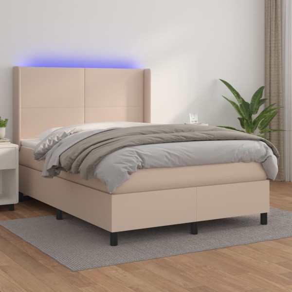 Bed with springs/mattress/LED, cappuccino, 140x200cm artificial