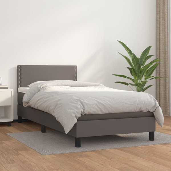 Bed with springs and mattress, gray, 100x200cm, artificial leather