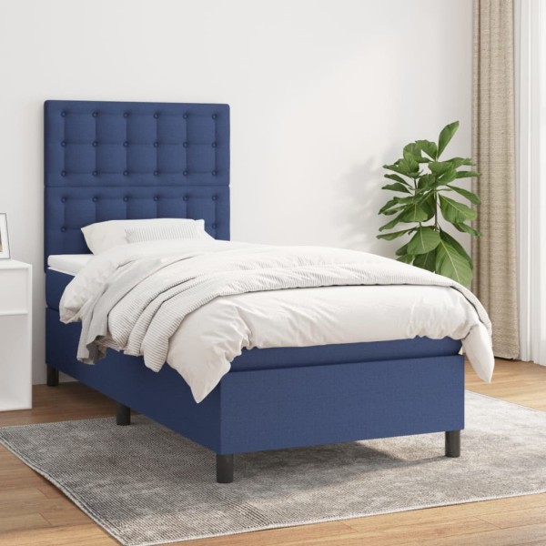 Bed with springs and mattress, blue, 100x200cm, fabric