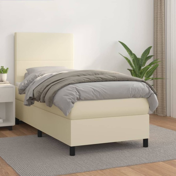 Bed with springs/mattress, cream, 90x200 cm, artificial leather