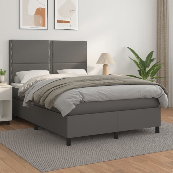 Bed with springs and mattress, gray, 140x190cm, artificial leather