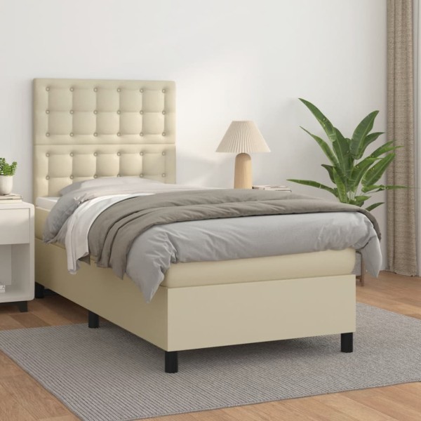 Bed with springs/mattress, cream, 90x200 cm, artificial leather