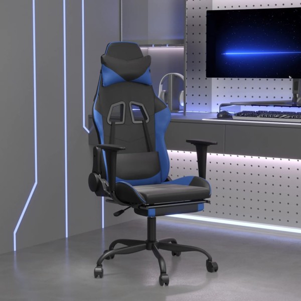 Gaming chair with footrest, black and blue, artificial leather