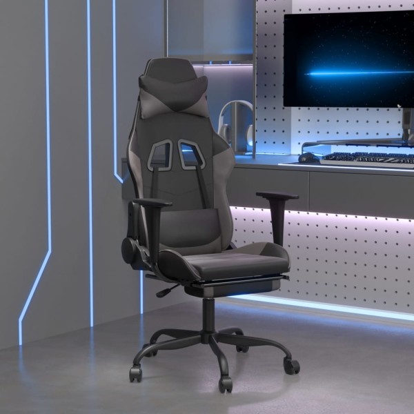 Gaming chair with footrest, black and gray, artificial leather