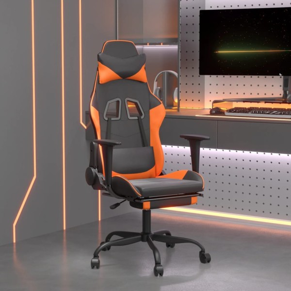 Gaming chair with footrest, black and orange, artificial leather