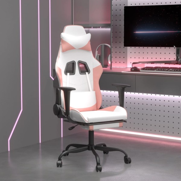 Gaming chair with footrest, white and pink, artificial leather