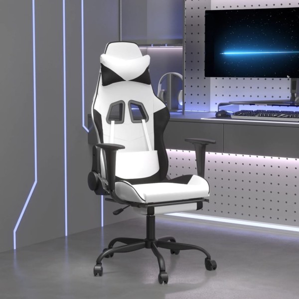 Gaming chair with footrest, white and black, artificial leather