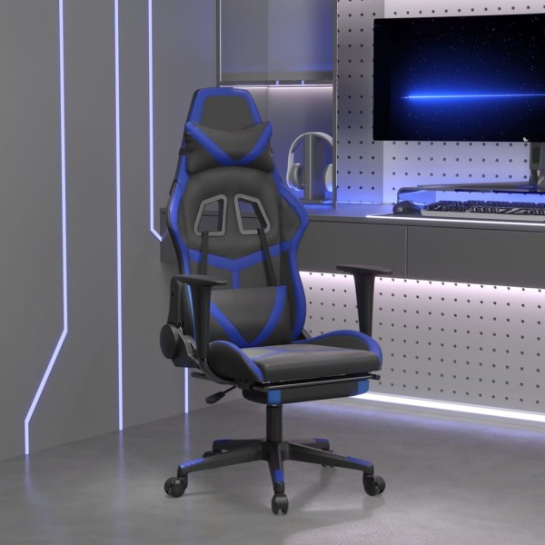 Gaming chair with footrest, black and blue, artificial leather