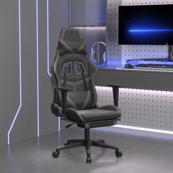 Gaming chair with footrest, black and gray, artificial leather