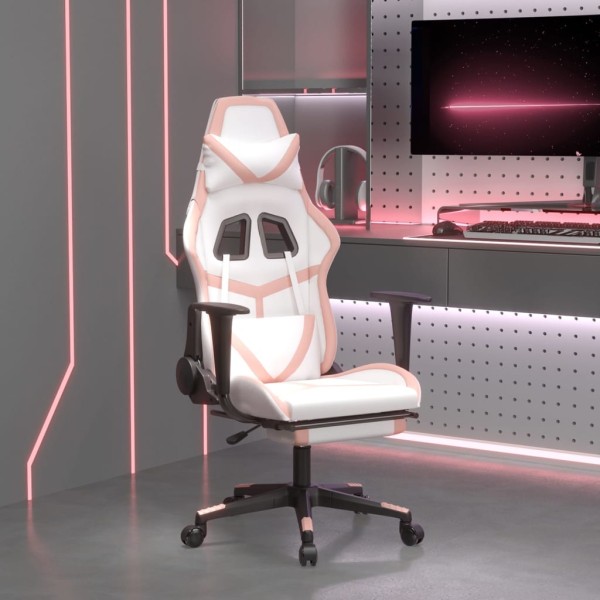Gaming chair with footrest, white and pink, artificial leather