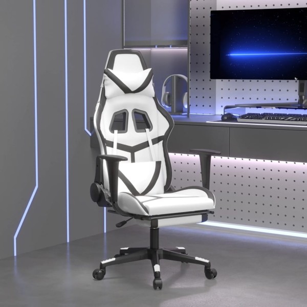 Gaming chair with footrest, white and black, artificial leather