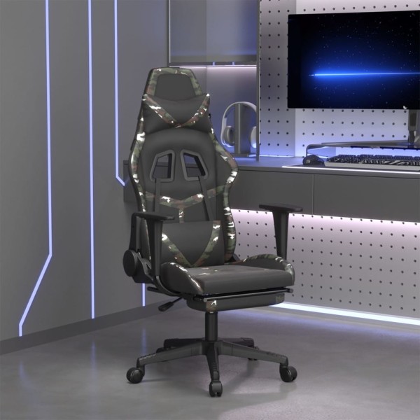 Gaming chair with footrest, black and camouflage, artificial leather