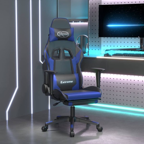 Gaming chair with footrest, black and blue, artificial leather