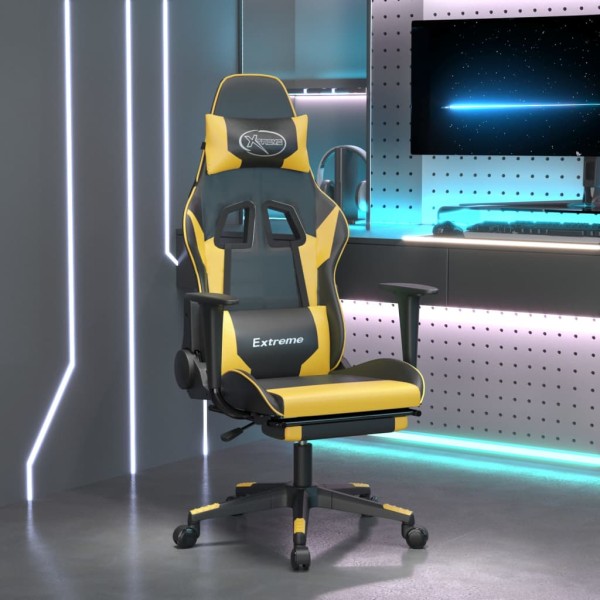 Gaming chair with footrest, black and gold, artificial leather
