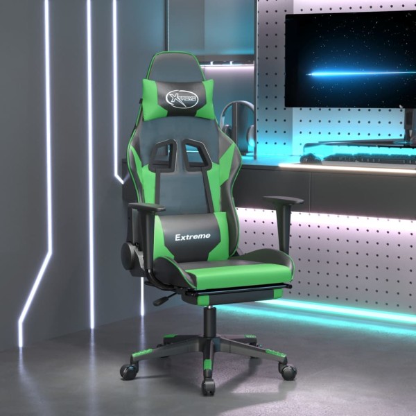 Gaming chair with footrest, black and green, artificial leather