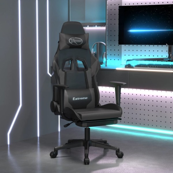Gaming chair with footrest, black and gray, artificial leather