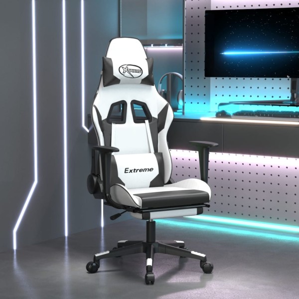 Gaming chair with footrest, white and black, artificial leather