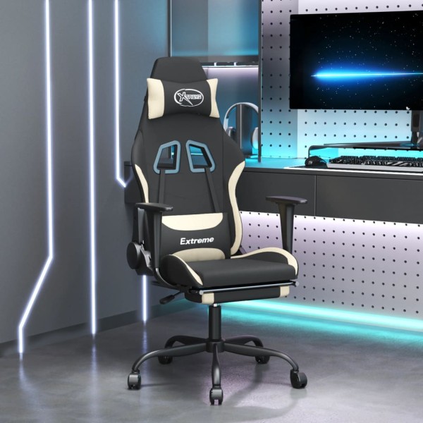Gaming chair with footrest, black and cream, fabric