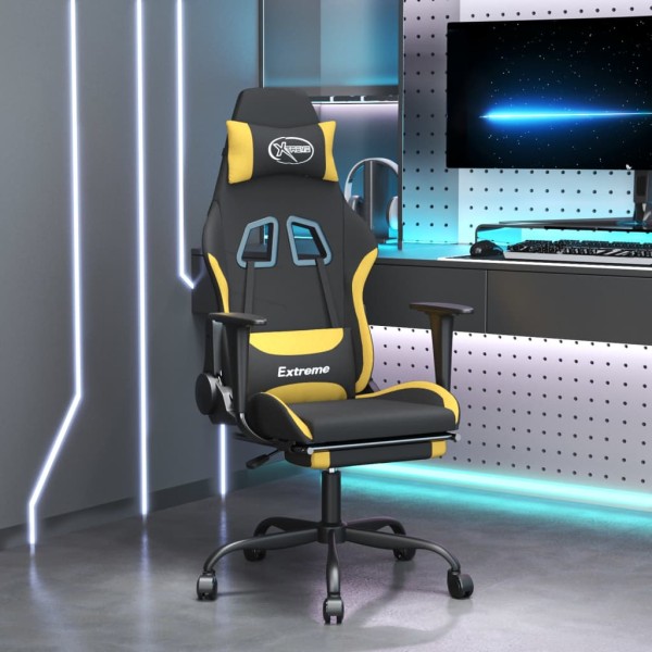 Gaming chair with footrest, black and yellow, fabric