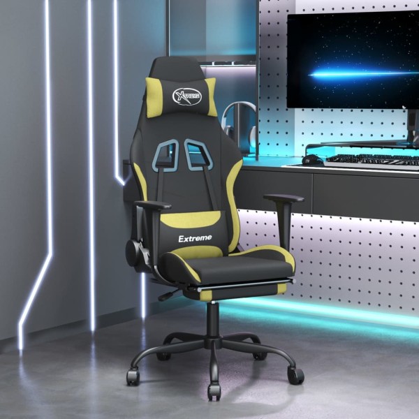 Gaming chair with footrest, black and light green, fabric