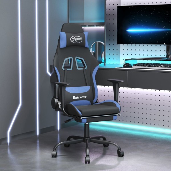 Gaming chair with footrest, black and blue, fabric
