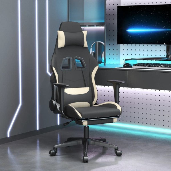 Gaming chair with footrest, black and cream, fabric