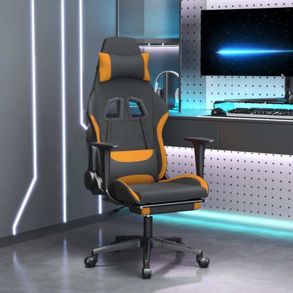 Gaming chair with footrest, black and orange, fabric