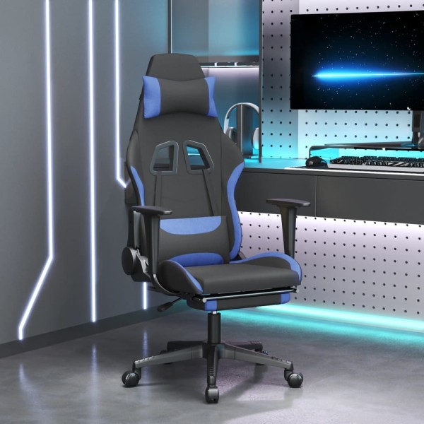 Gaming chair with footrest, black and blue, fabric