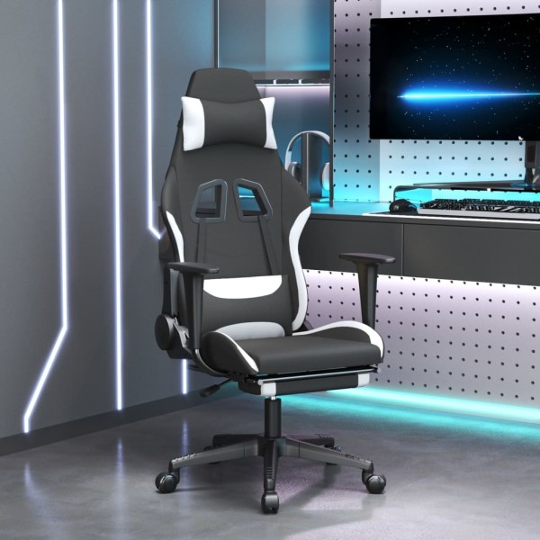 Gaming chair with footrest, black and white, fabric