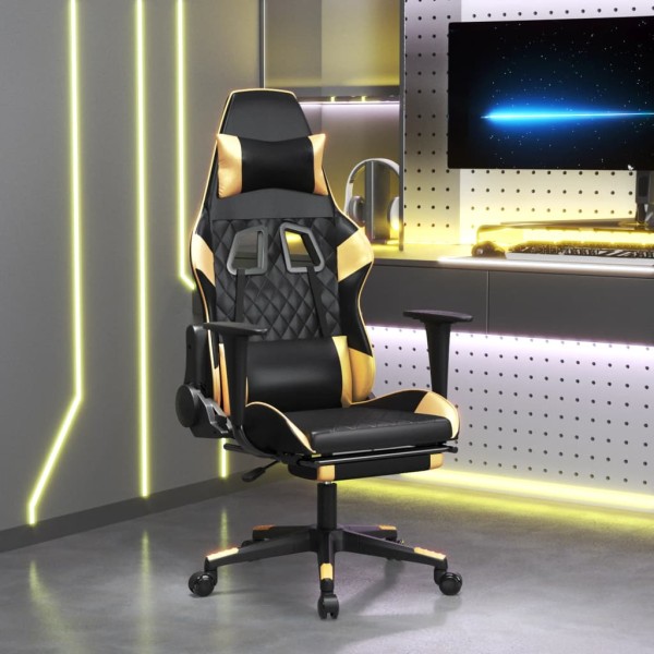 Gaming chair with footrest, black and gold, artificial leather