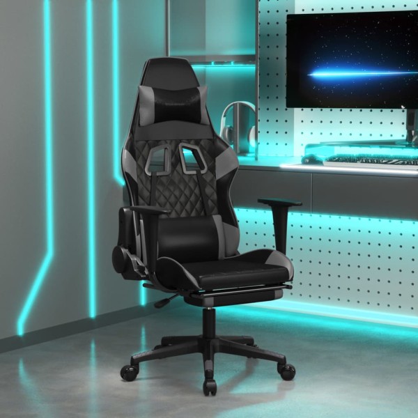 Gaming chair with footrest, black and gray, artificial leather