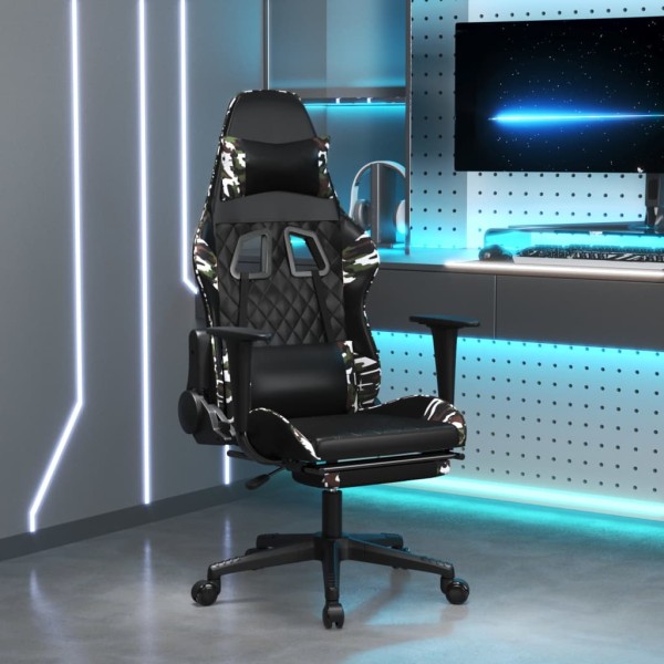 Gaming chair with footrest, black and camouflage, artificial leather