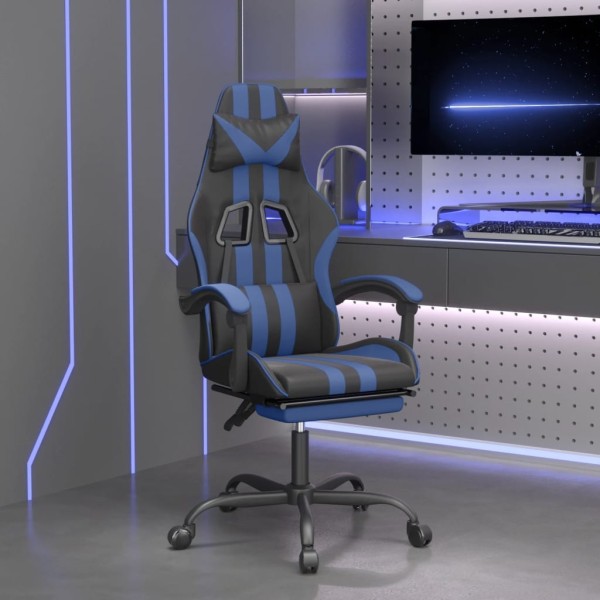 Gaming chair with footrest, black and blue, artificial leather