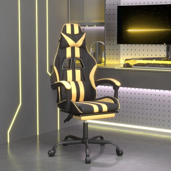 Gaming chair with footrest, black and gold, artificial leather