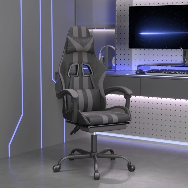 Gaming chair with footrest, black and gray, artificial leather