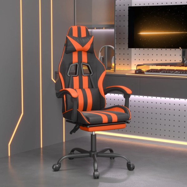 Gaming chair with footrest, black and orange, artificial leather