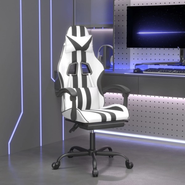 Gaming chair with footrest, white and black, artificial leather
