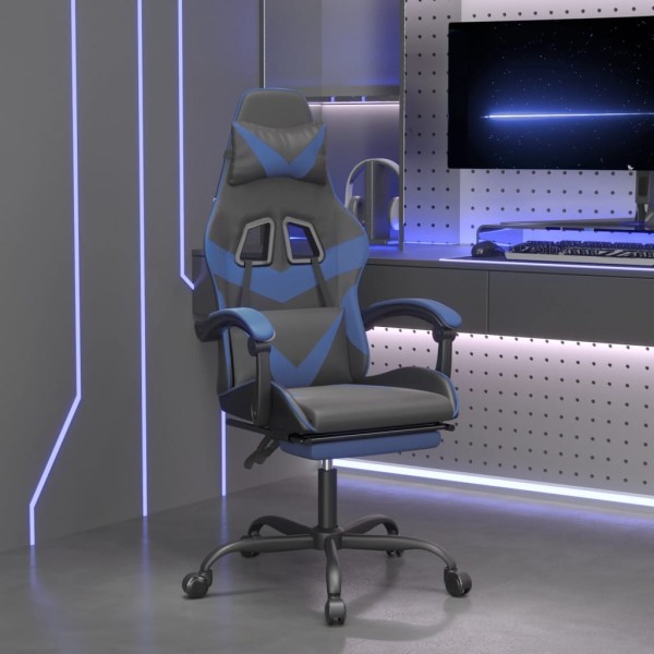 Gaming chair with footrest, black and blue, artificial leather