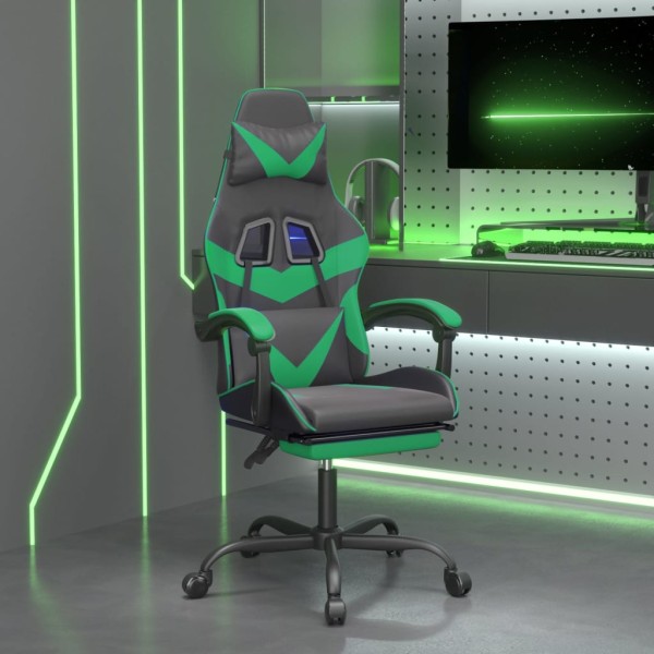 Gaming chair with footrest, black and green, artificial leather