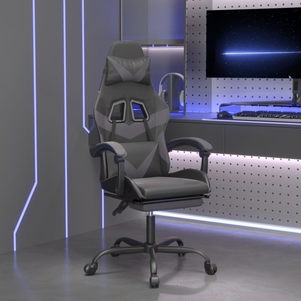 Gaming chair with footrest, black and gray, artificial leather