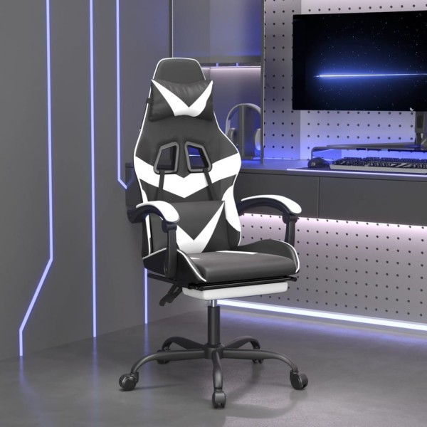 Gaming chair with footrest, black and white, artificial leather
